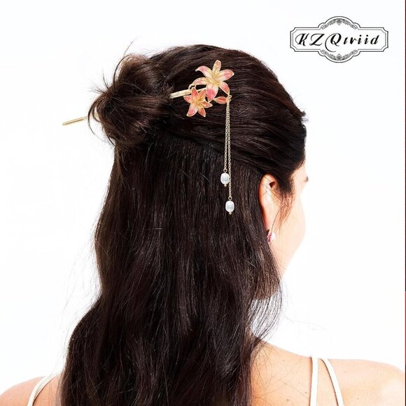 Hair Accessories 14k Gold Plated Copper Vintage Handcrafted Floral Pearl Lilies main image 4